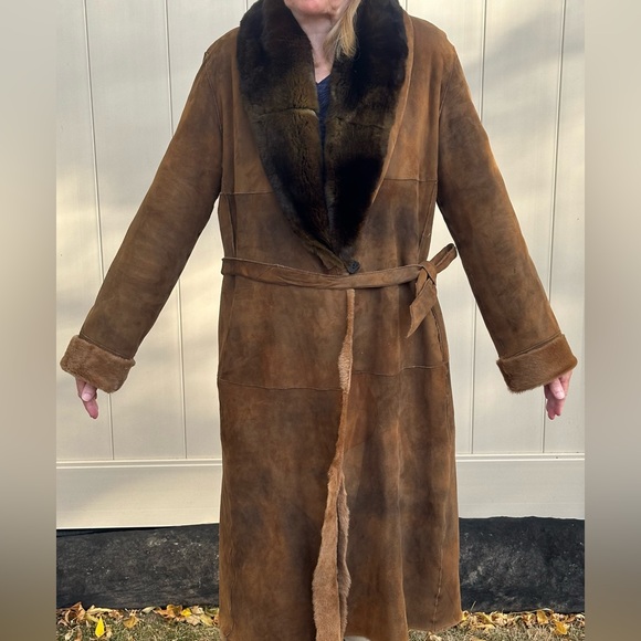 Vintage Midi Length Ombre Dyed Suede Shearling coat with Fur Collar - Picture 2 of 5